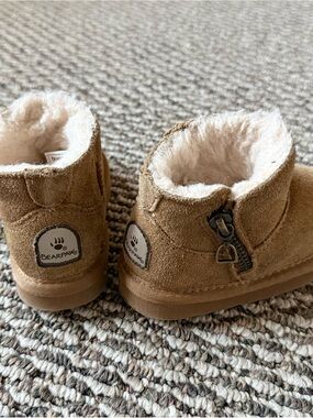 BearPaw Kids Tan Suede Shearling-Lined Slippers with Side Zipper